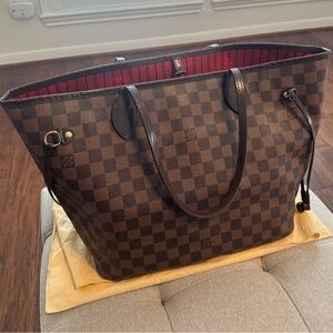 Louis Vuitton Neverfull MM Damier Ebene Canvas Tote Bag Red Interior